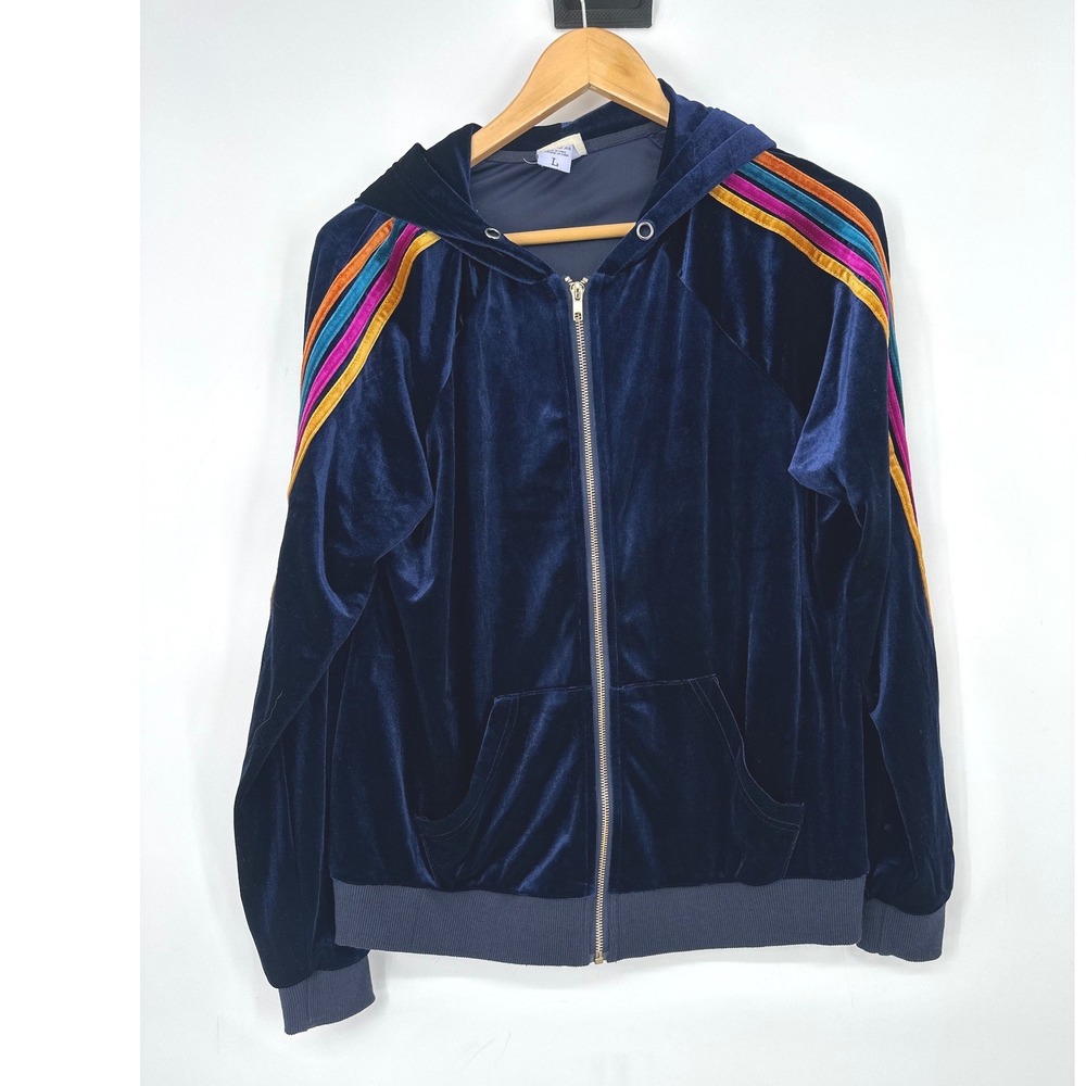 Natural Life Track Hoodie Womens L Navy Blue Velvet Rainbow Stripe Zip Lounge